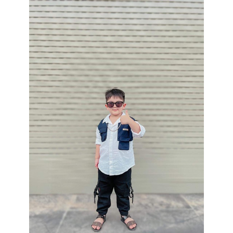 Bộ bé trai,Sét áo sơ mi Per - quần túi hộp kaki cho bé 8 đến 35kg