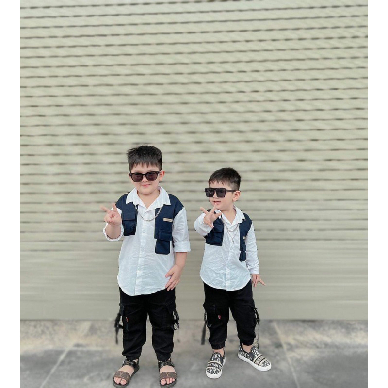 Bộ bé trai,Sét áo sơ mi Per - quần túi hộp kaki cho bé 8 đến 35kg