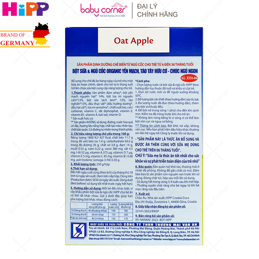 Bột Sữa Ăn Dặm HiPP Chúc Ngủ Ngon Yến Mạch Táo Tây, 250g, Cho Bé Từ 6 Tháng