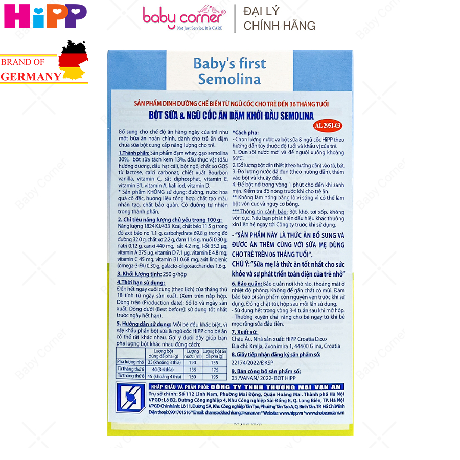 Bột Ăn Dặm HiPP's Baby Frist Semolina Cho Bé Từ 4 Tháng Tuổi