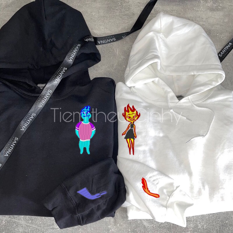 Áo Hoddie Đôi Nam Nữ thêu hình lửa với nước, Áo Hoddie Unisex