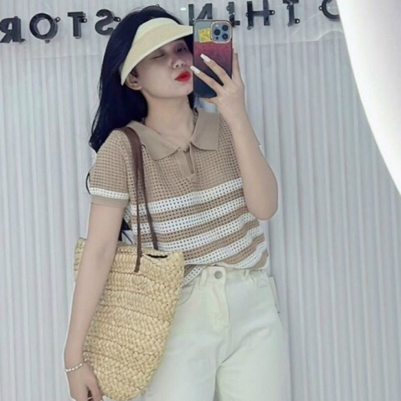 Áo polo len lưới nữ tay ngắn kiểu cổ bẻ len lỗ mongtoghi kẻ ngang thoáng mát phong cách ulzzang Hàn Quốc❤️Mao Store