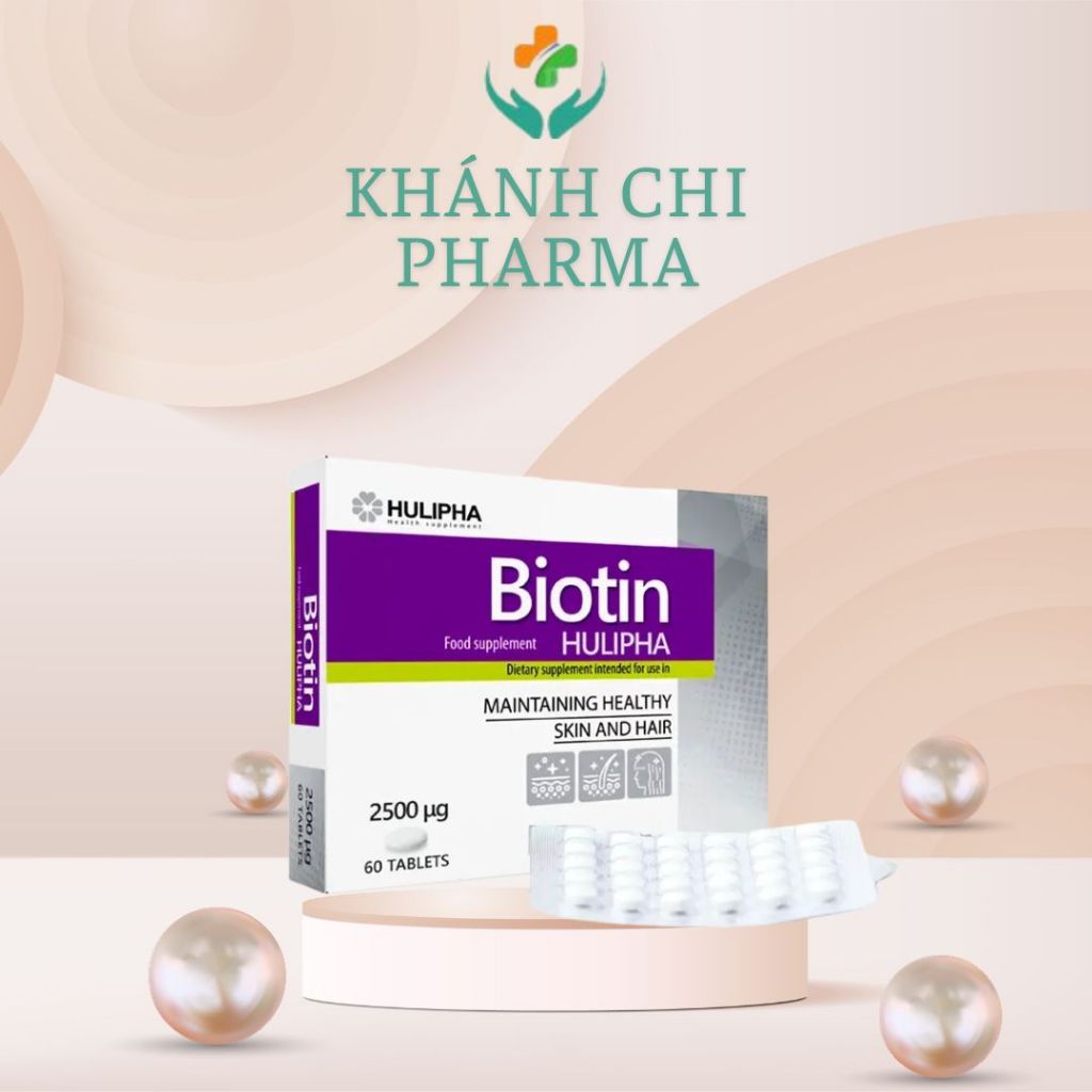 Viên uống Biotin Hulipha hộp 60 viên. Giúp giảm tóc gãy rụng, da xấu, lão hóa sớm (Nhập khẩu Balan)