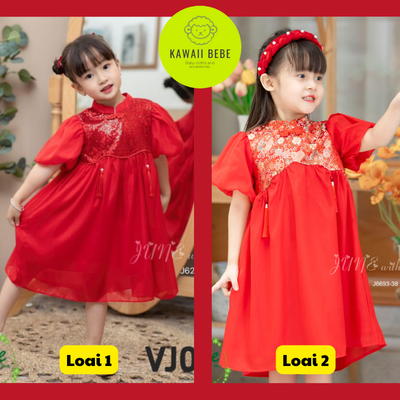 Đầm sườn xám trung hoa cho bé gái chất tơ lụa ánh nhủ hàng thiết kế June Kawaii bebe