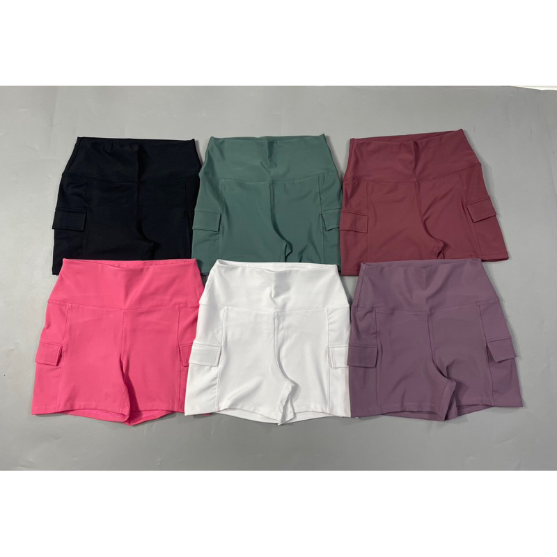 Quần Đùi Tập Gym Nữ Vải Thun Lưng Cao Có Túi 2 Bên