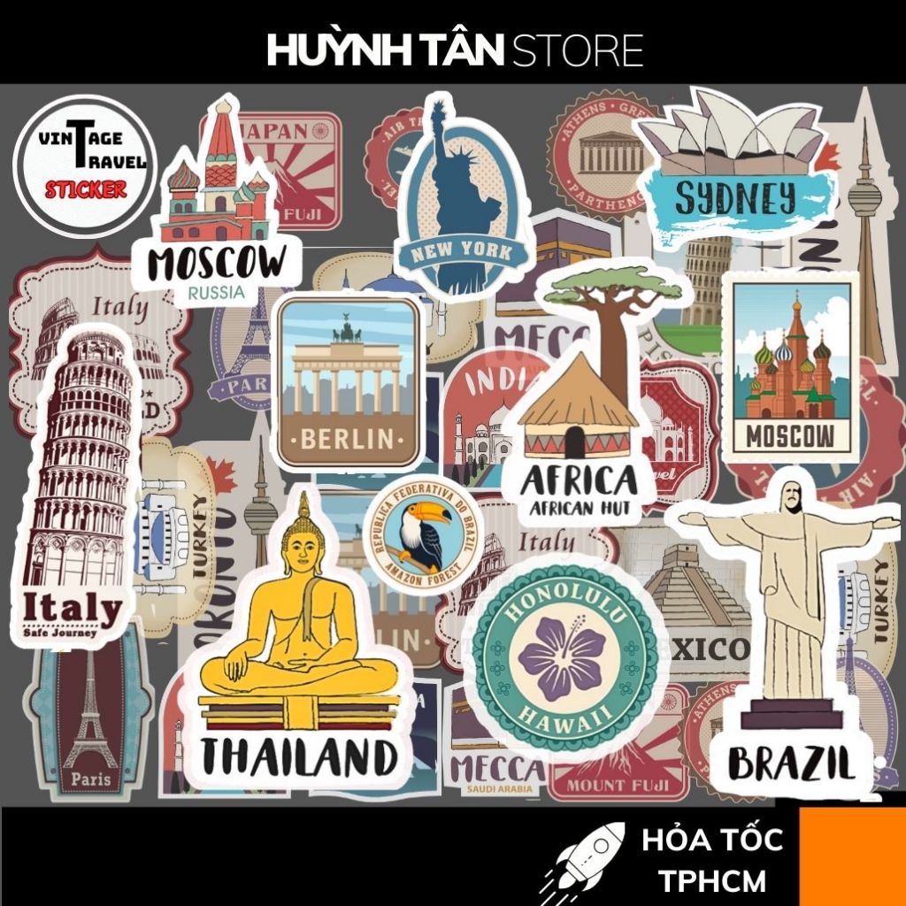 Set 20 hình dán sticker du lịch Vintage Travel nhám chống thấm nước bay màu hình dán mũ bảo hiểm lap