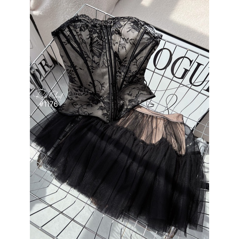 Set cup ren chân váy tầng luxury