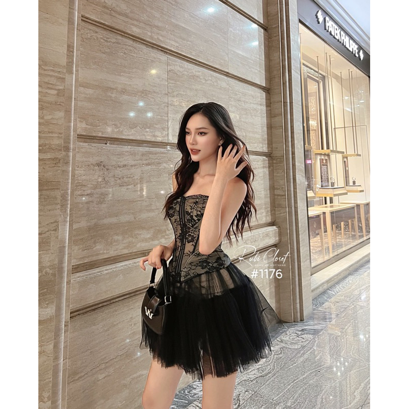 Set cup ren chân váy tầng luxury