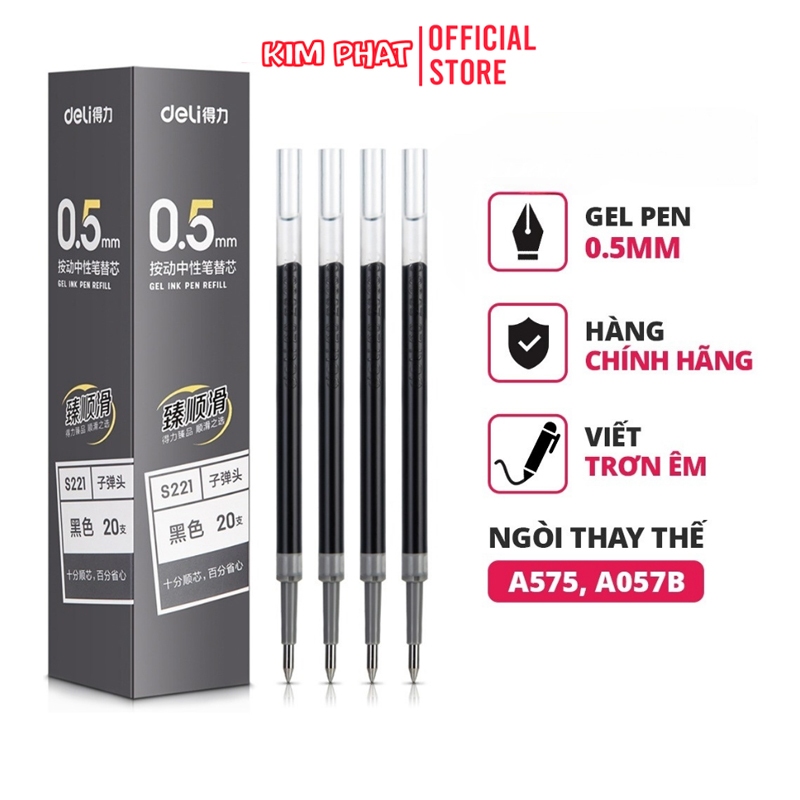 Ruột bút gel đen Deli S221 ngòi 0,5mm Dùng thay thế cho Bút A575