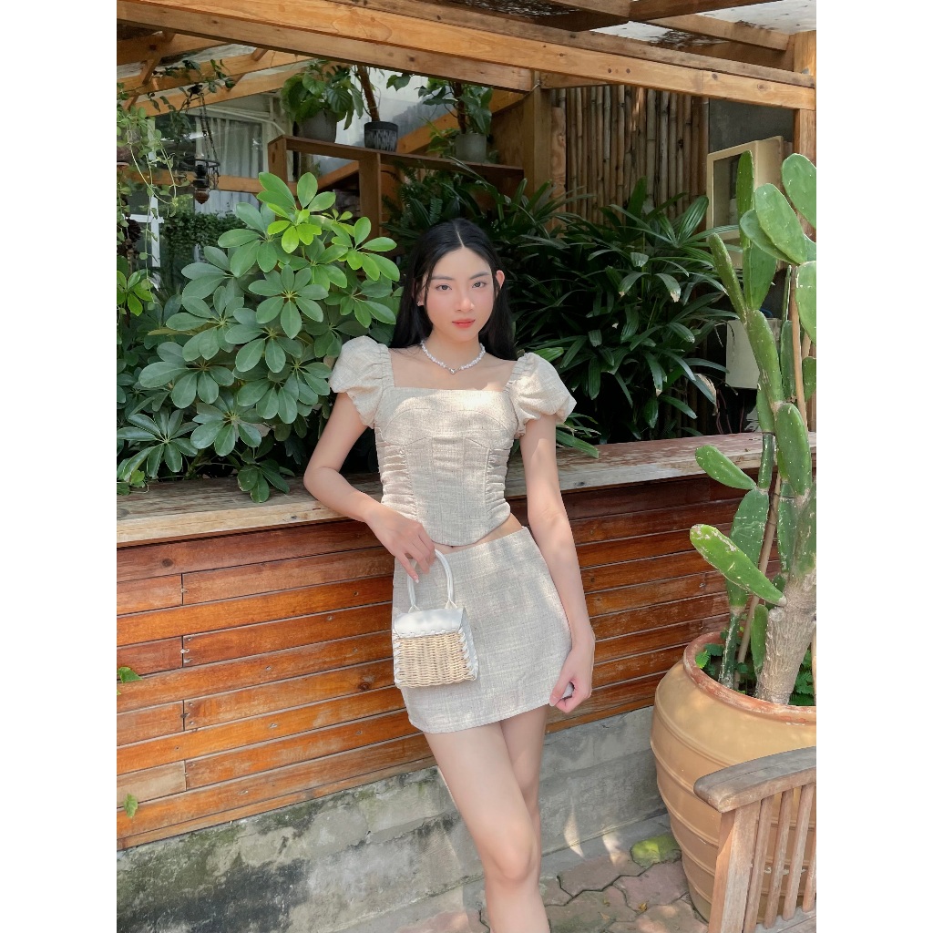 Set Áo Croptop Tay Phồng Phối Chân Váy Dáng A  - KINSU SET