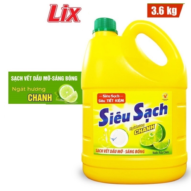 Nước rửa chén Lix Chanh 3.6kg rửa Chén Lix Chanh sạch bóng viết dầu mỡ hương chanh thơm mát