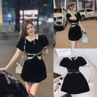 ĐẦM ĐEN CỔ SEN VIỀN TRẮNG