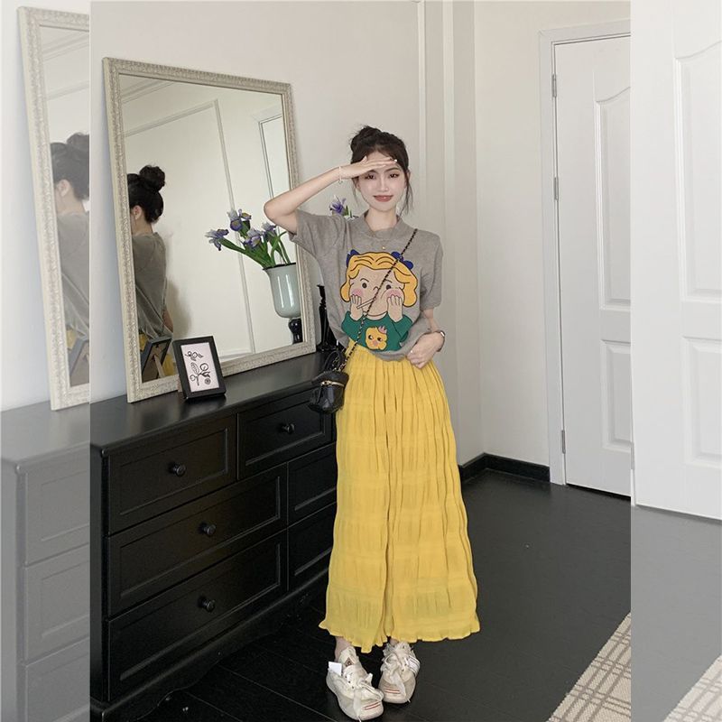 Chân váy nữ, Chân váy Midi dáng dài dập sóng nhẹ tiểu thư màu đen trắng hồng vàng size S M L SKUCV-50B