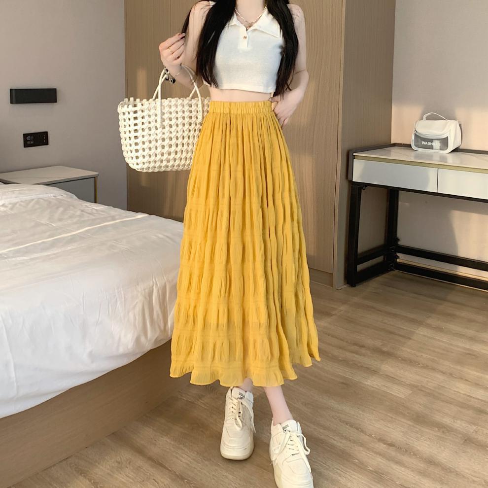 Chân váy nữ, Chân váy Midi dáng dài dập sóng nhẹ tiểu thư màu đen trắng hồng vàng size S M L SKUCV-50B