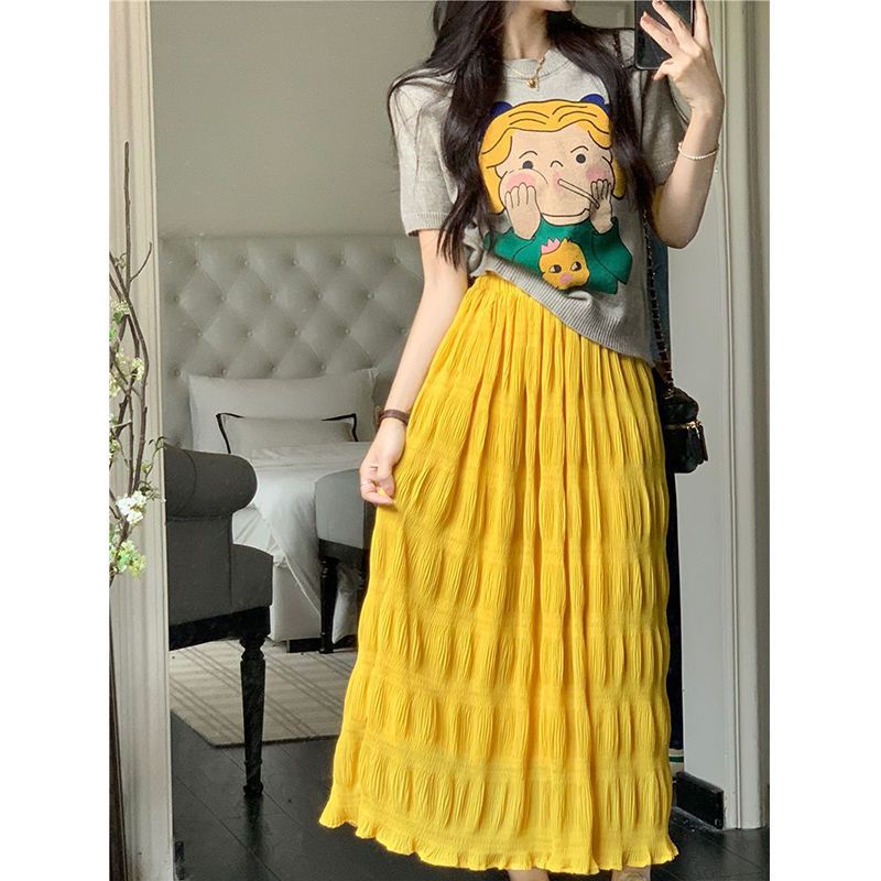 Chân váy nữ, Chân váy Midi dáng dài dập sóng nhẹ tiểu thư màu đen trắng hồng vàng size S M L SKUCV-50B