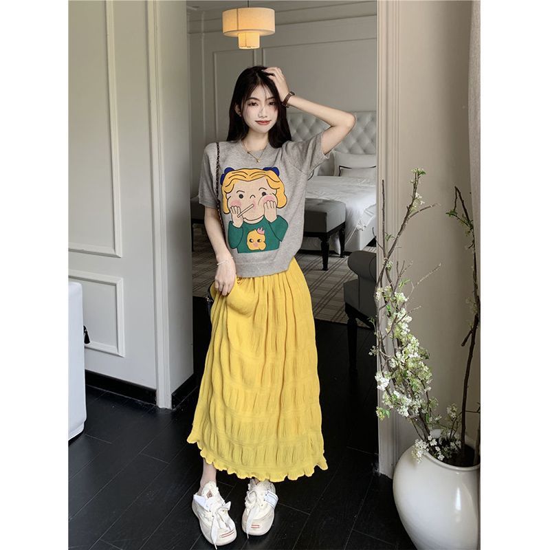 Chân váy nữ, Chân váy Midi dáng dài dập sóng nhẹ tiểu thư màu đen trắng hồng vàng size S M L SKUCV-50B