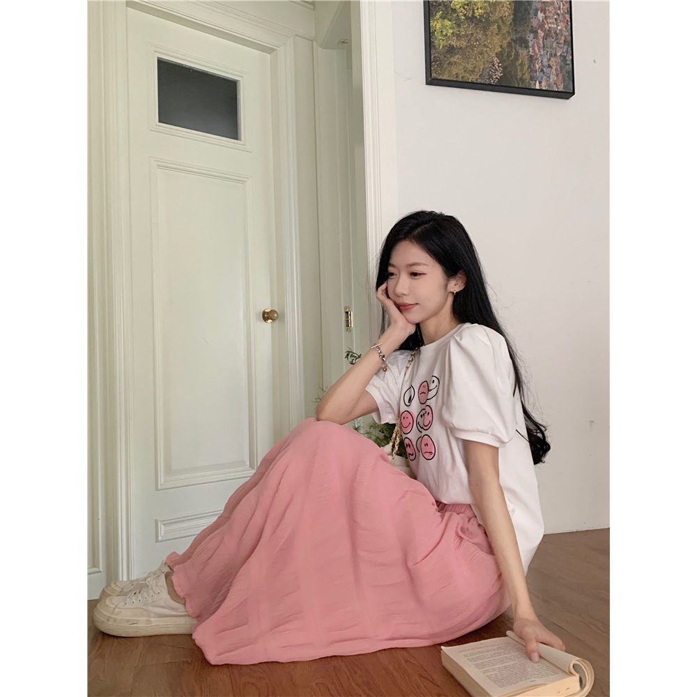 Chân váy nữ, Chân váy Midi dáng dài dập sóng nhẹ tiểu thư màu đen trắng hồng vàng size S M L SKUCV-50D