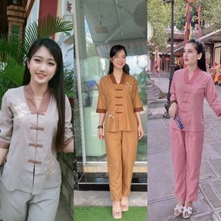Đồ phật tử .áo lam Đi chùa. la hán phối.đồ lam nữ tay lỡ thêu sen size 40-70kg