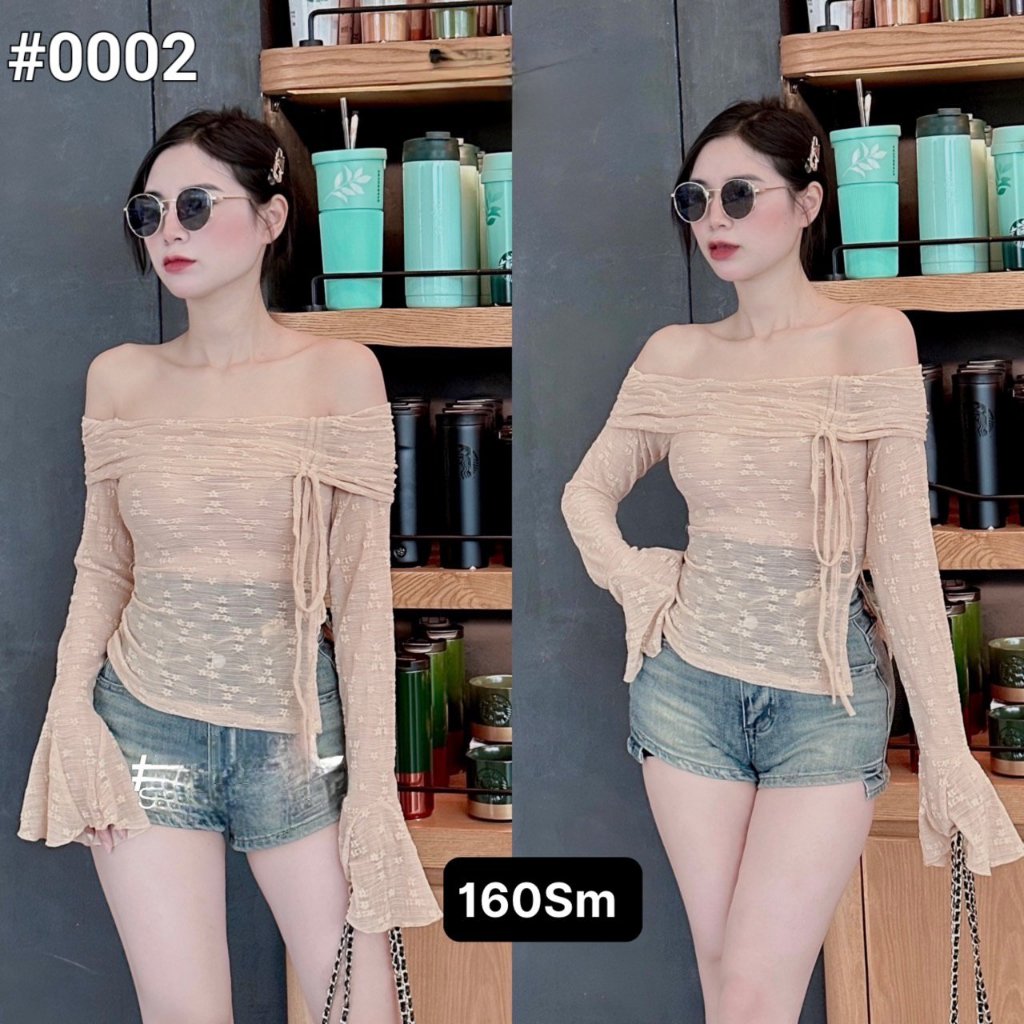 Áo ren trễ vai ôm eo có mix rút vạt trước tay áo lòe điệu, áo ren trễ vai hoa nhí, cổ tay xòe siêu tôn dáng