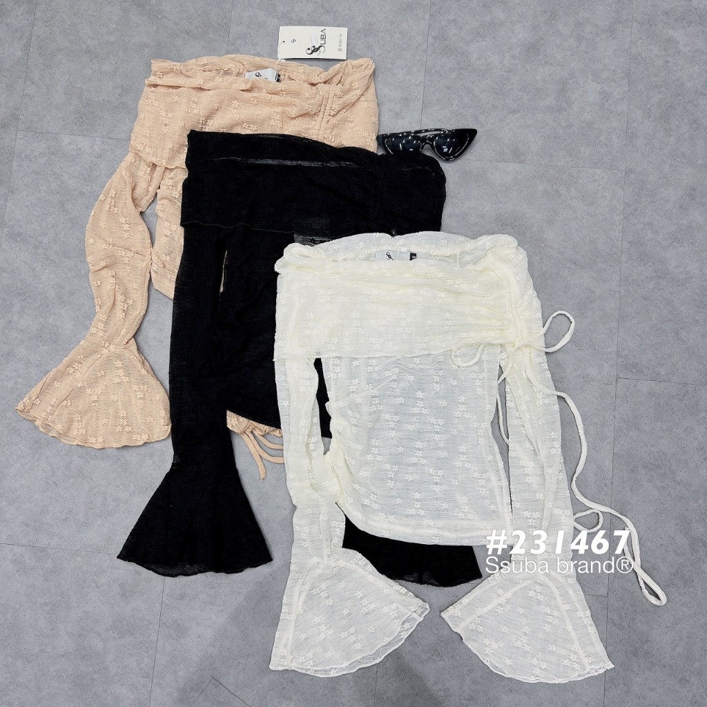 Áo ren trễ vai ôm eo có mix rút vạt trước tay áo lòe điệu, áo ren trễ vai hoa nhí, cổ tay xòe siêu tôn dáng