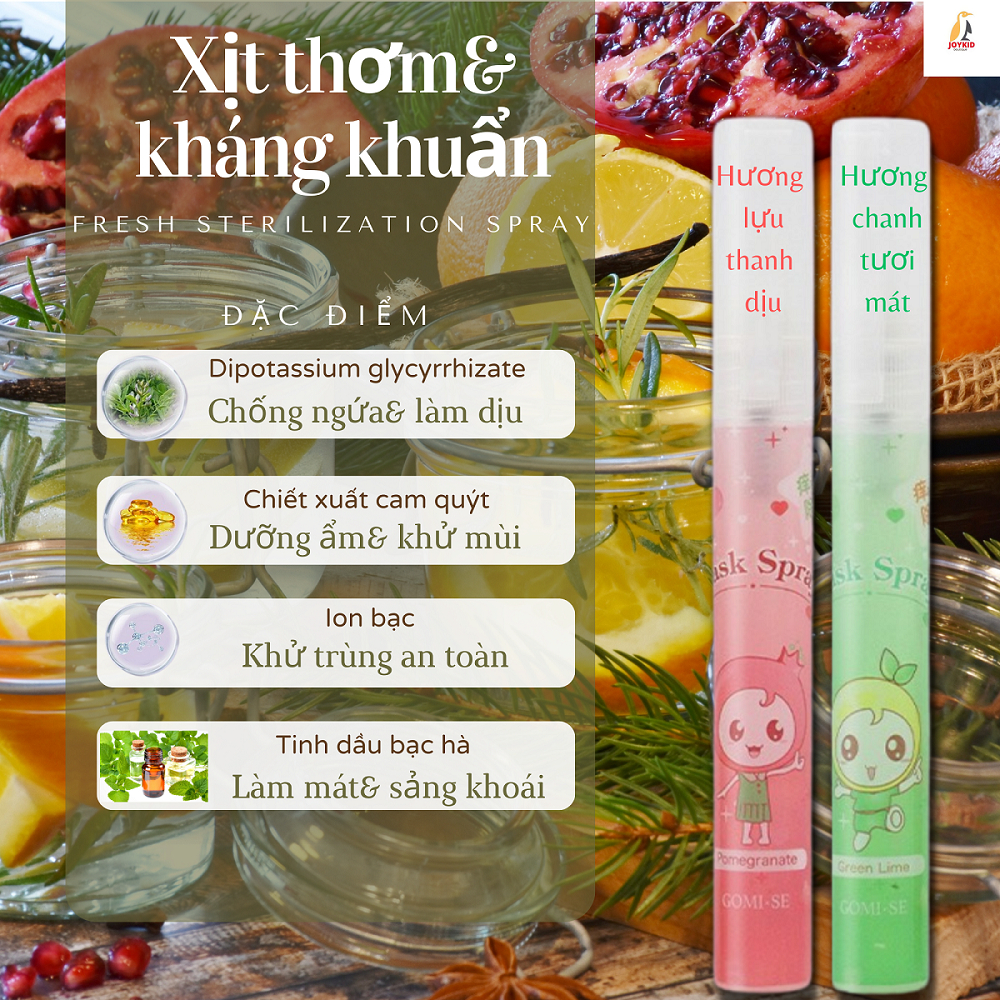 Xịt khẩu trang Gomi.se Nhật Bản khử khuẩn, làm thơm, lưu hương, hương bạc hà/đào/lựu/chanh 10ml/chai