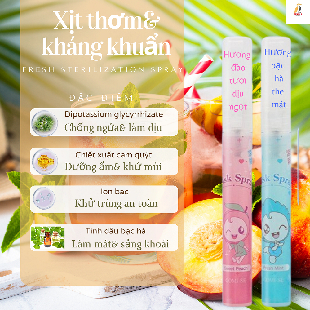 Xịt khẩu trang Gomi.se Nhật Bản khử khuẩn, làm thơm, lưu hương, hương bạc hà/đào/lựu/chanh 10ml/chai