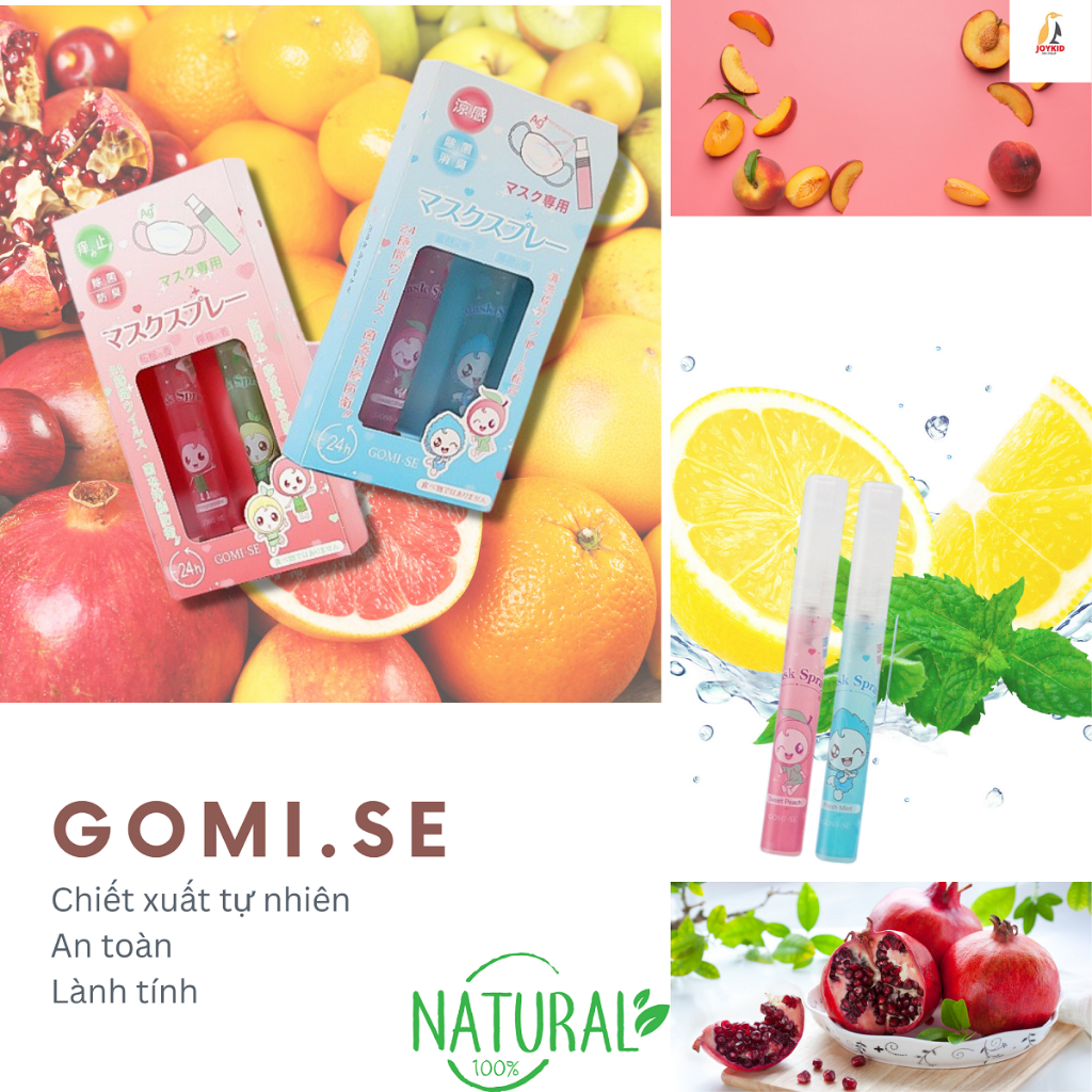 Xịt khẩu trang Gomi.se Nhật Bản khử khuẩn, làm thơm, lưu hương, hương bạc hà/đào/lựu/chanh 10ml/chai