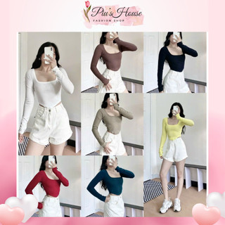 Áo croptop tay dài cho nữ cổ vuông vải thun ôm body, áo thun nữ chất thun gân dày dặn co giãn tốt