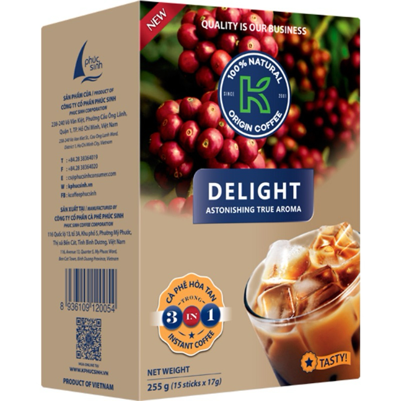 Cà phê sữa hoà tan K Coffee Delight 3 trong 1 hộp 255g