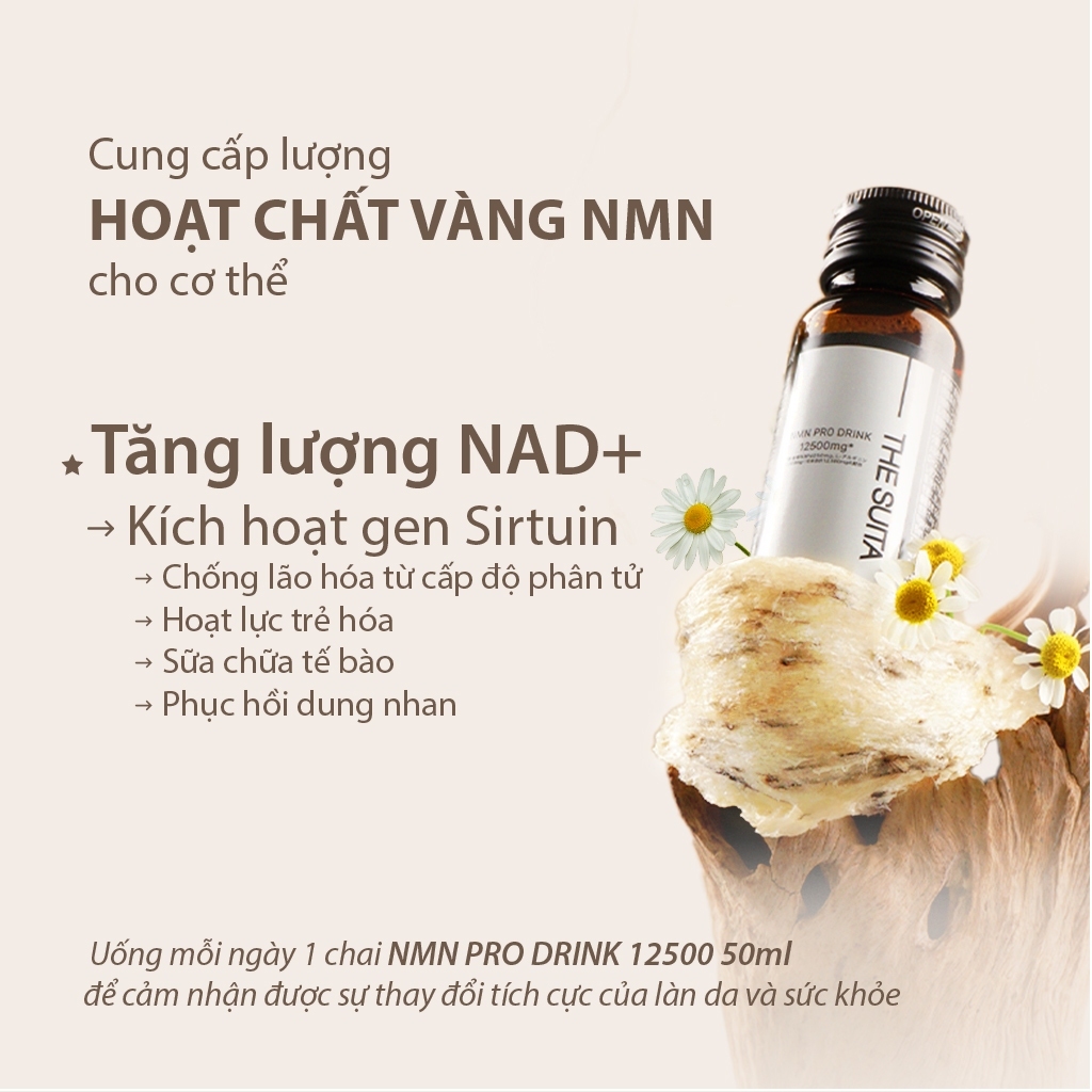 Nước uống NMN 12500mg The Suita tái tạo tế bào, trẻ hóa làn da hộp 10 chai/50ml