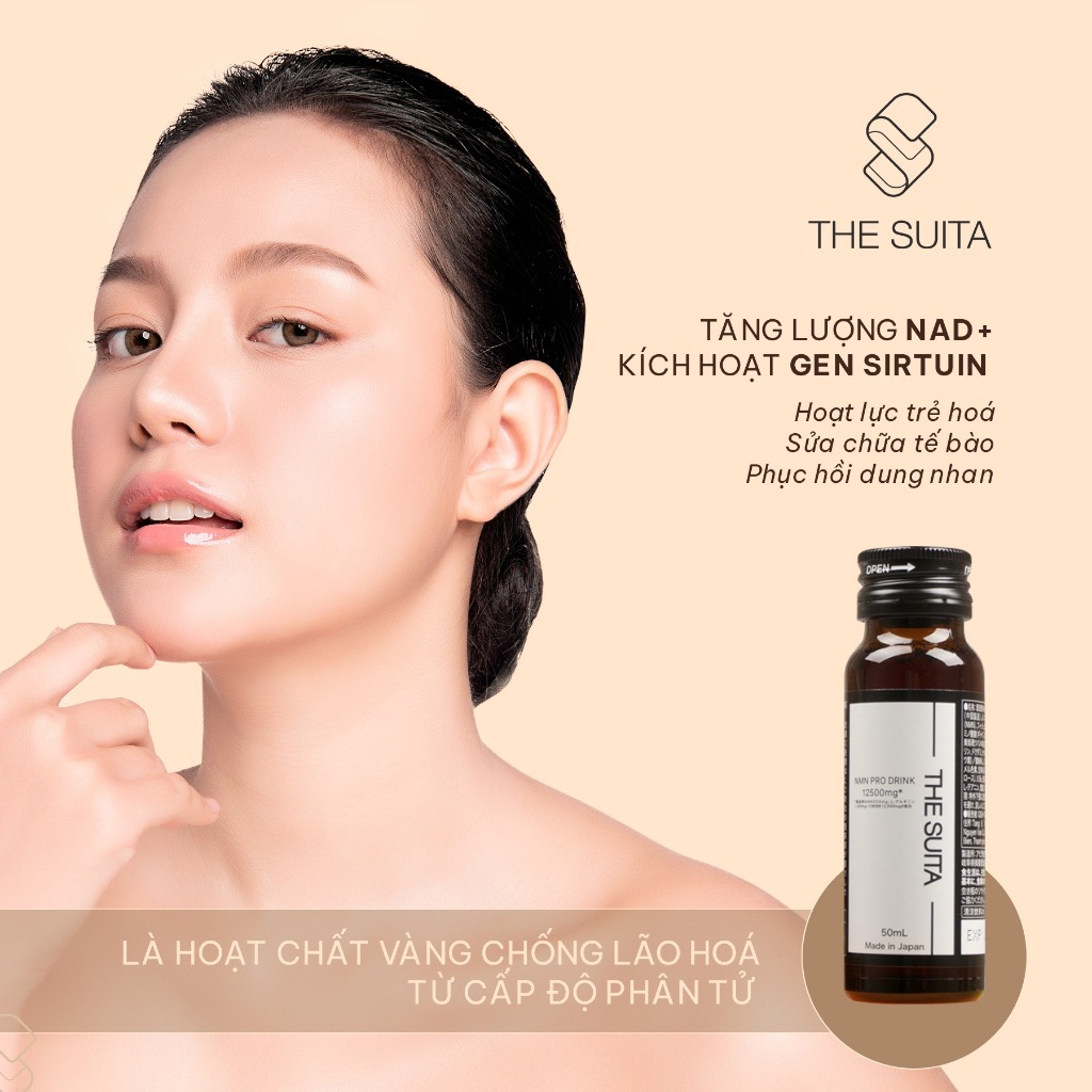 Nước uống NMN 12500mg The Suita tái tạo tế bào, trẻ hóa làn da hộp 10 chai/50ml