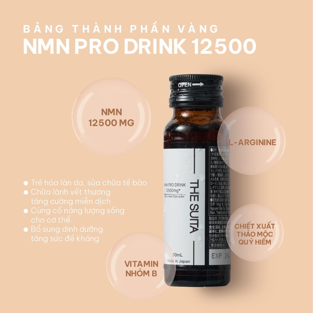 Nước uống NMN 12500mg The Suita tái tạo tế bào, trẻ hóa làn da hộp 10 chai/50ml