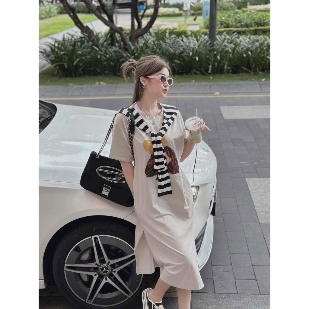 Đầm váy thời trang nữ,đầm suông xẻ đùi in hình cô gái phối vạt choàng sọc đơn giản thanh lịch bầu bí bon chen thoải mái