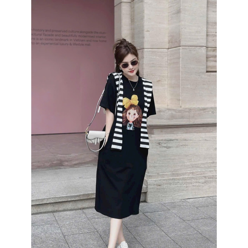 Đầm váy thời trang nữ,đầm suông xẻ đùi in hình cô gái phối vạt choàng sọc đơn giản thanh lịch bầu bí bon chen thoải mái