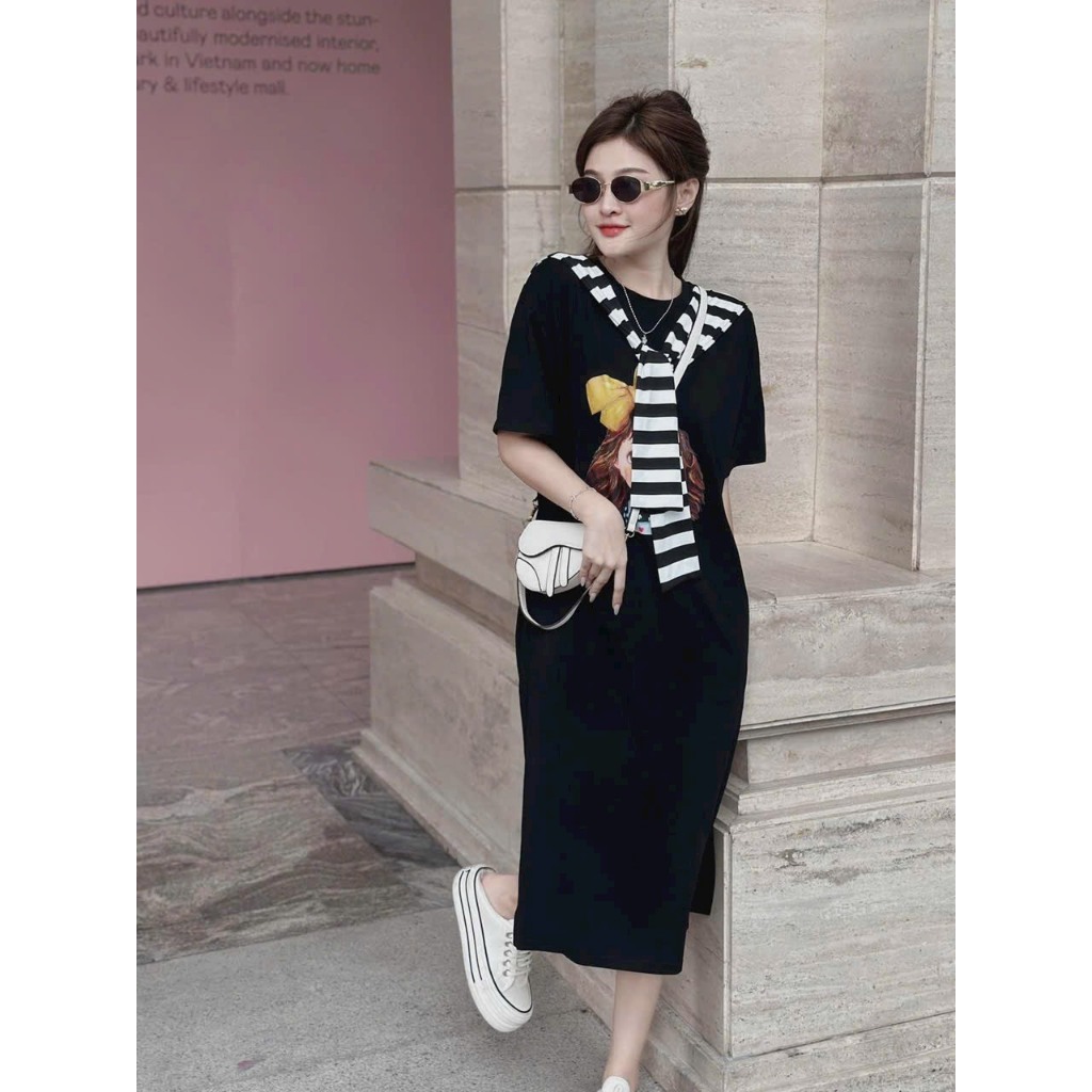 Đầm váy thời trang nữ,đầm suông xẻ đùi in hình cô gái phối vạt choàng sọc đơn giản thanh lịch bầu bí bon chen thoải mái