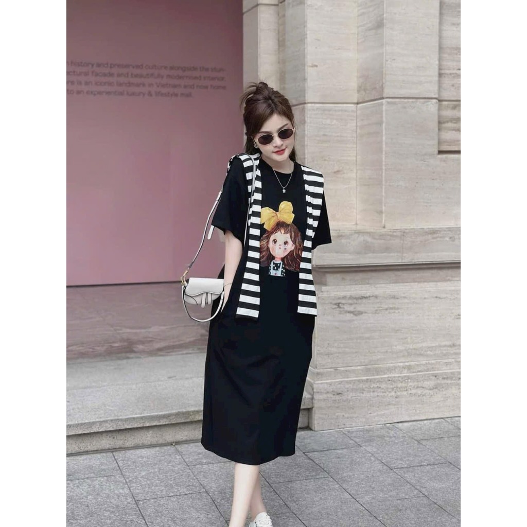 Đầm váy thời trang nữ,đầm suông xẻ đùi in hình cô gái phối vạt choàng sọc đơn giản thanh lịch bầu bí bon chen thoải mái