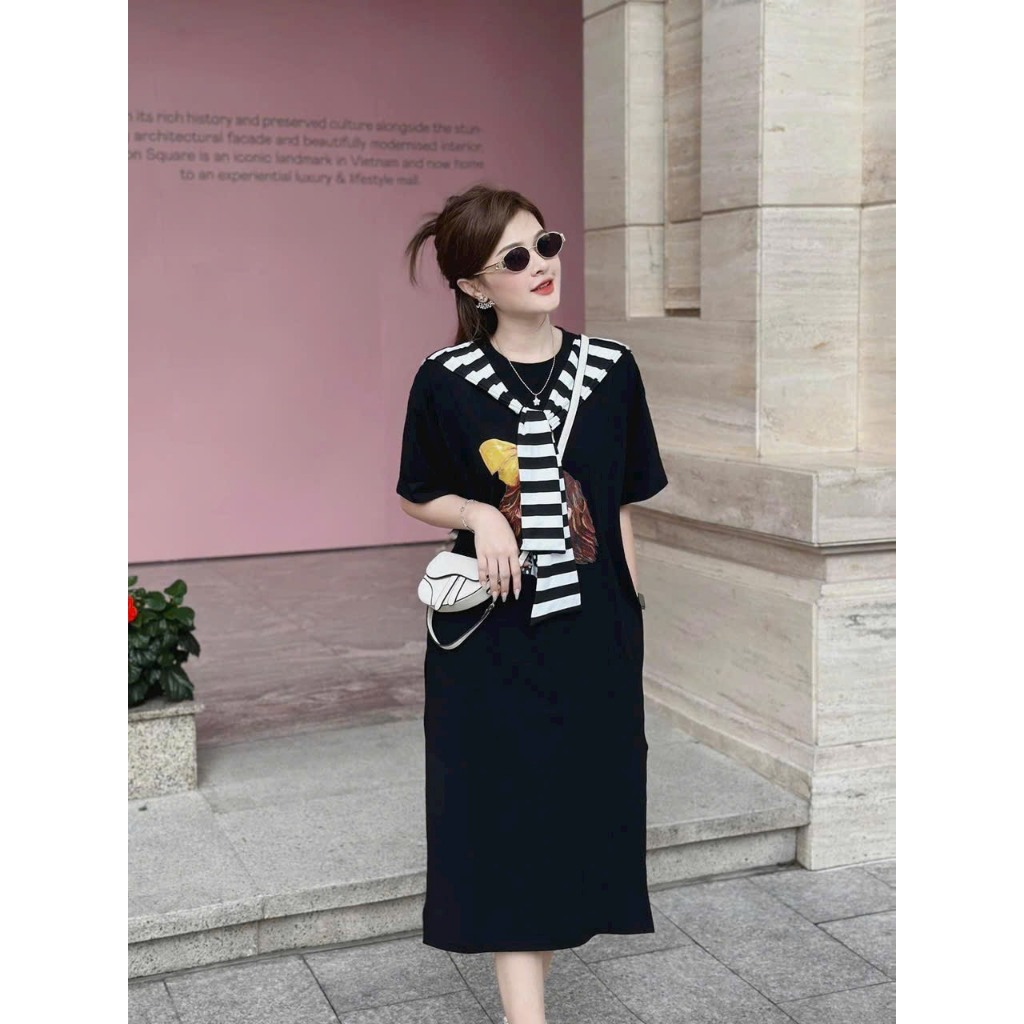 Đầm váy thời trang nữ,đầm suông xẻ đùi in hình cô gái phối vạt choàng sọc đơn giản thanh lịch bầu bí bon chen thoải mái