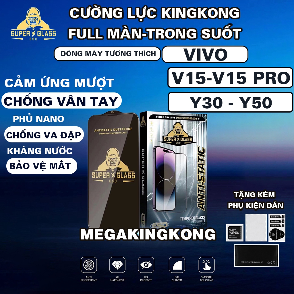 Kính cường lực KingKong Vivo V15 / Y30 / Y50 full màn trong suốt,màu đen,TẶNG PHỤ  KIỆN LAU-DÁN MÀN