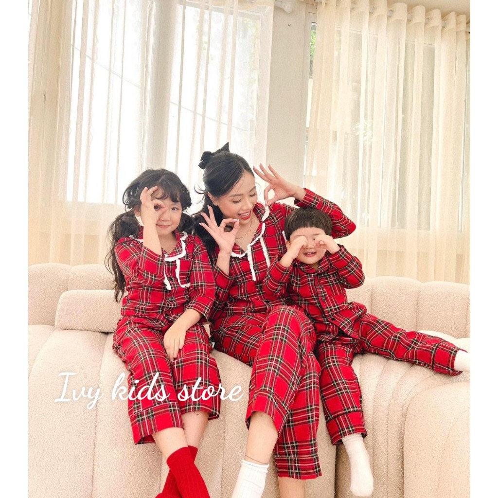 Bộ pijama đôi mẹ và bé viền ren trắng full size 10 - 65kg
