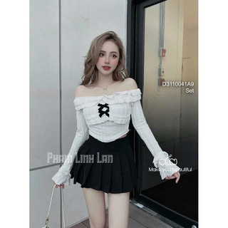 Set bộ áo ren xốp croptop trễ vai tay dài phối chân váy đen xếp ly có lót trong