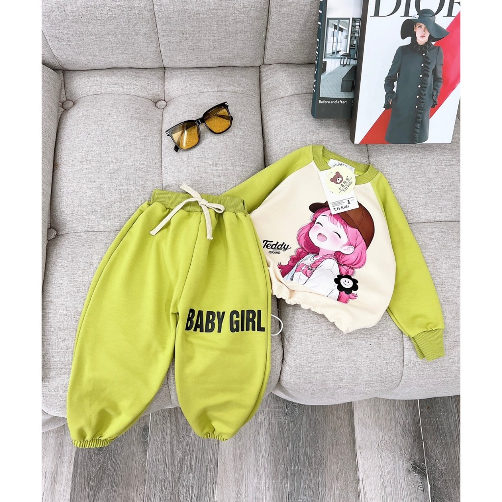 Bộ quần áo dài tay cho bé hình cô gái vải da cá xịn, set dài tay bé gái thu đông hot trend