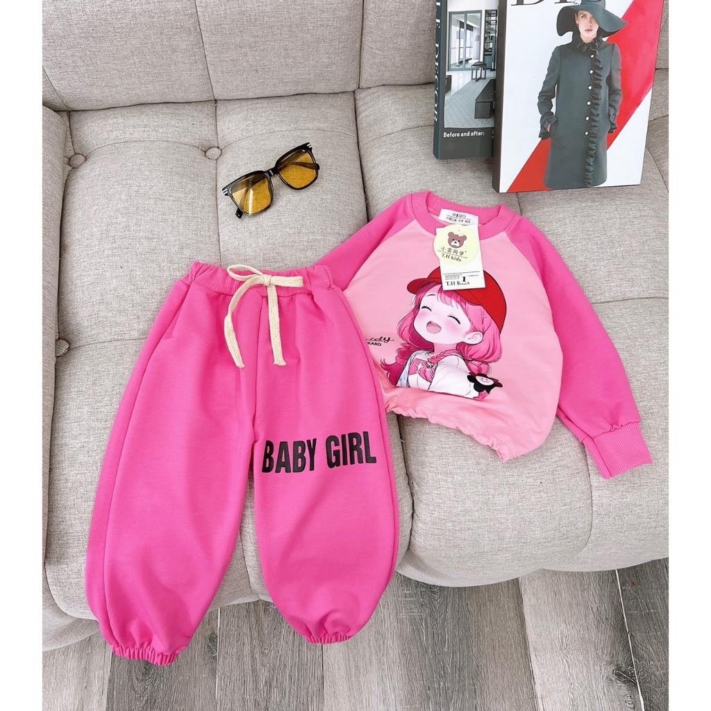 Bộ quần áo dài tay cho bé hình cô gái vải da cá xịn, set dài tay bé gái thu đông hot trend