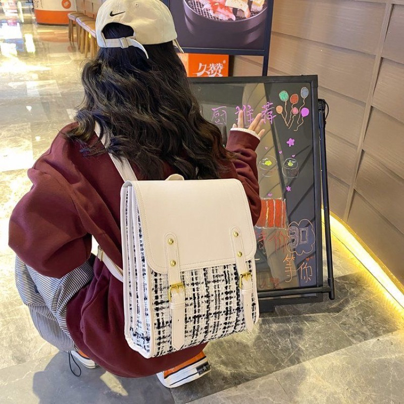 BLN49D2907 BALO NỮ VINTAGE Balo HỌC SINH VẢI DẠ TWEED ULZZANG HÀN QUỐC