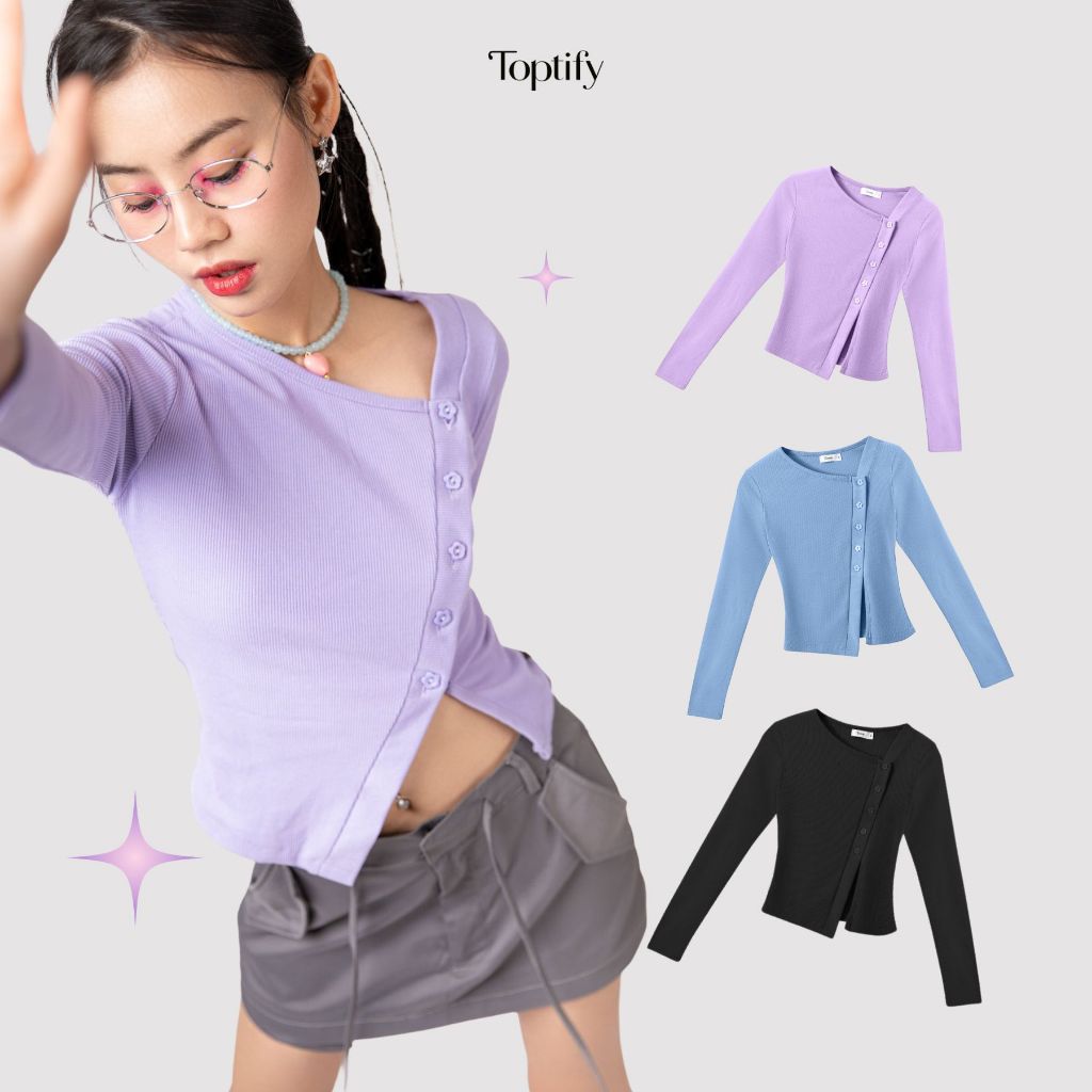 Áo croptop nữ tay dài TOPTIFY cổ vạt chéo có nút Kaylin Top AC91