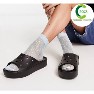 Dép quai ngang nhựa đi mưa chống hôi chân Crocs band classic platform đế cao 3cm cho nữ màu đen