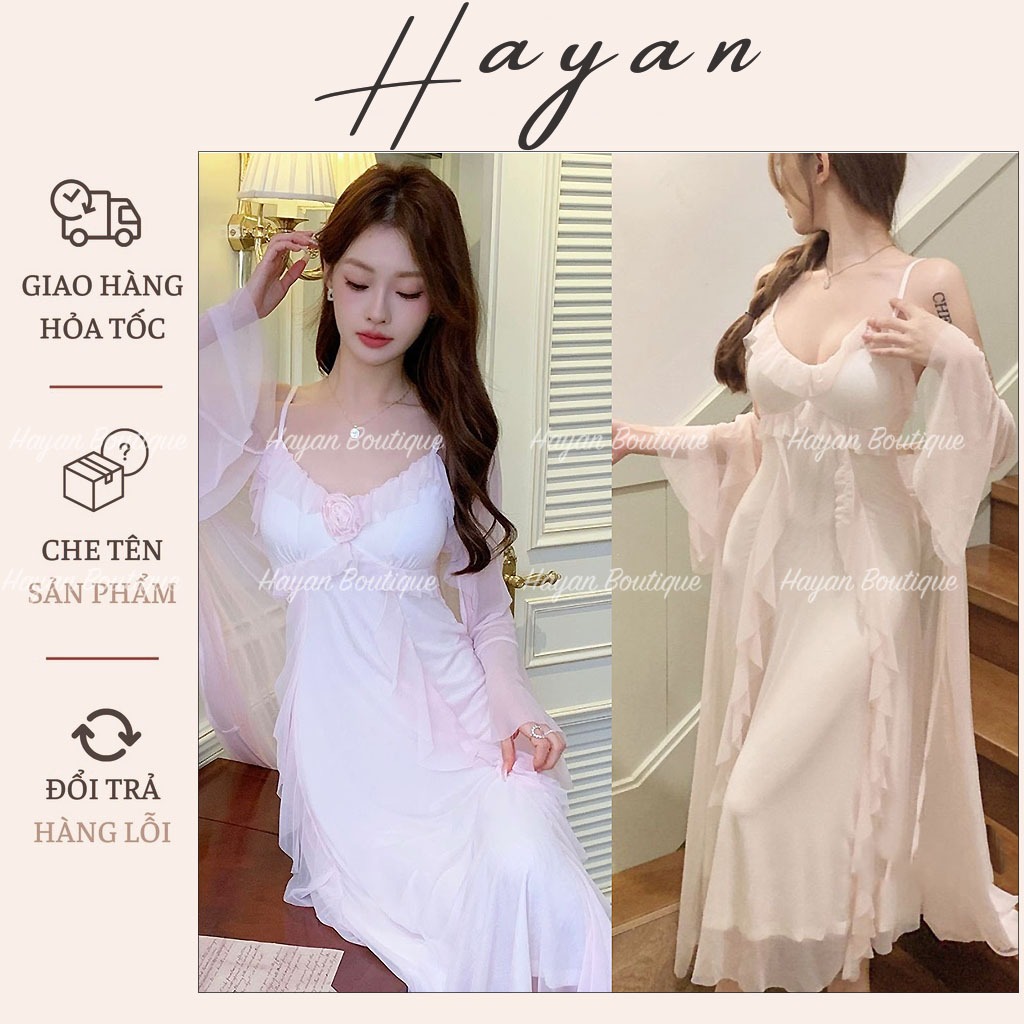HT381 Set váy ngủ và áo choàng tiểu thư xẻ bèo sang chảnh kèm ĐỆM LÓt, đồ ngủ ren dáng xoè tôn dáng HT381