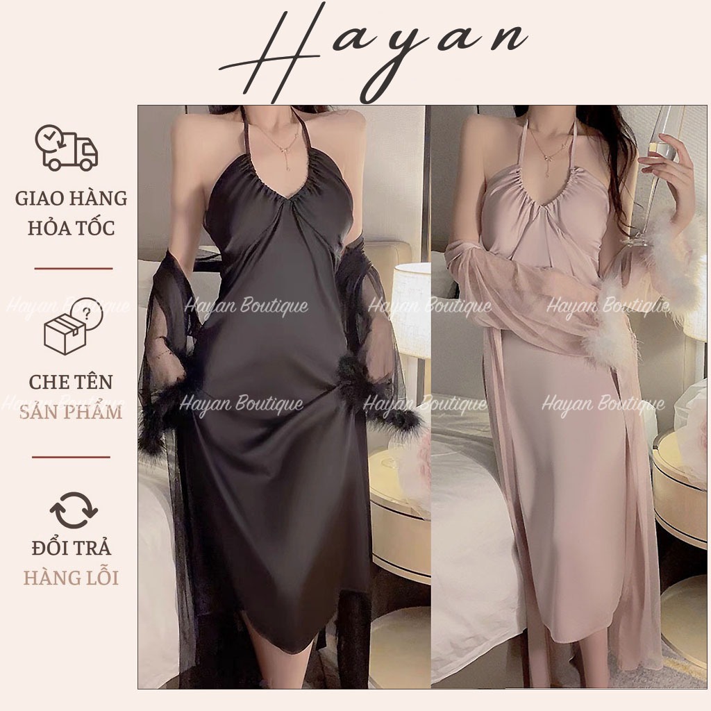 HT382 Set váy ngủ và áo choàng tay lông dáng suông sang chảnh, đồ ngủ lụa cổ yếm hở lưng HT382