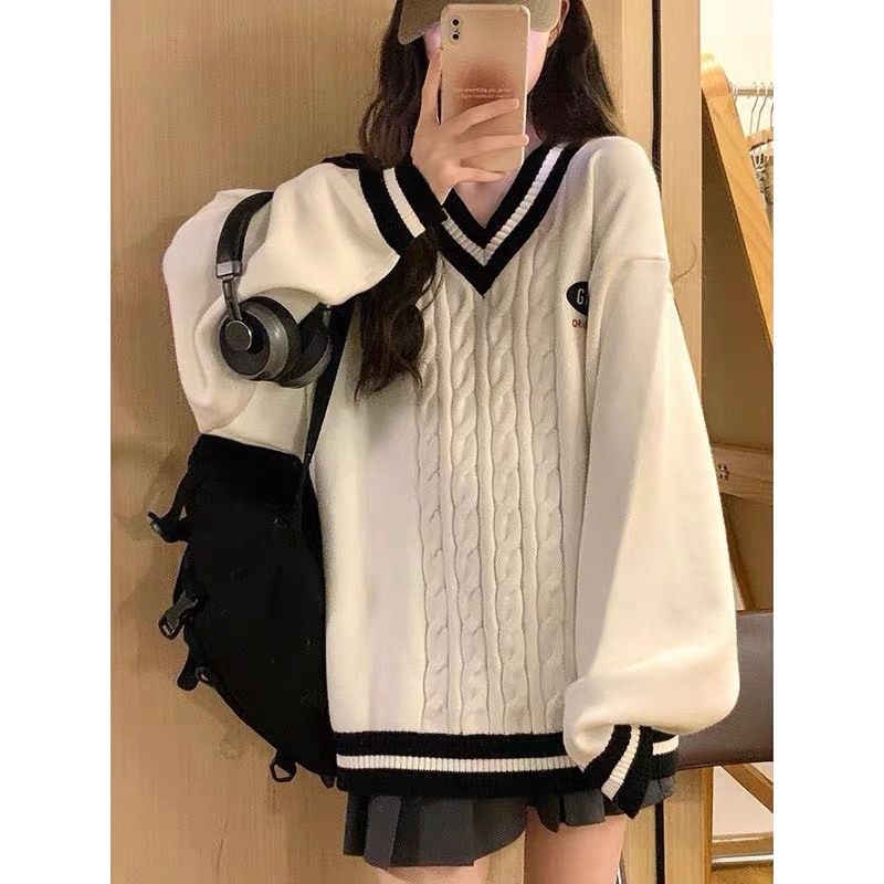 Áo len cổ tim viền sọc đen trắng basic phong cách nữ sinh tay bo gấu oversize thêu logo Sammy House 1856 P0K24
