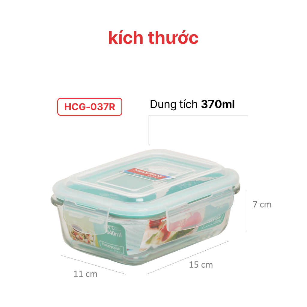 Bộ 2 hộp thủy tinh Hình chữ nhật 370ml + kèm túi giữ nhiệt HAPPYCOOK, HCG-02R