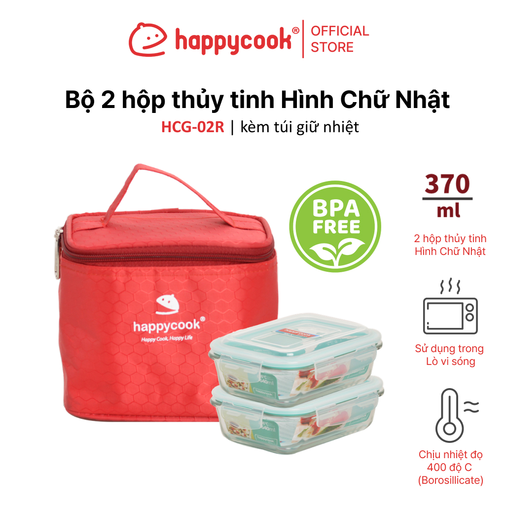 Bộ 2 hộp thủy tinh Hình chữ nhật 370ml + kèm túi giữ nhiệt HAPPYCOOK, HCG-02R